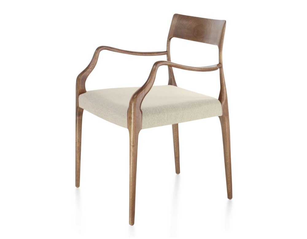 Scandinavian armchair with armrests walnut-stained wood, camel-coloured fabric seat Scandinavian armchair with armrests walnut-stained wood, camel-coloured fabric seat