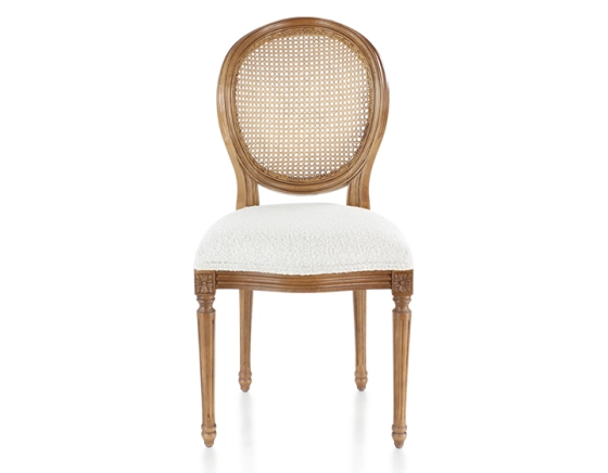Chaise ancienne style Louis XVI bois teinte ancienne dossier canné assise tissu bouclé blanc