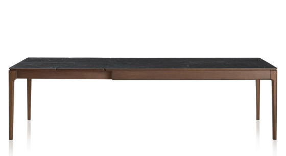 Table extensible 8 à 14 personnes en chêne et céramique allonges céramique avec bois teinte marron foncé et plateau et allonges céramique effet ardoise 210x100 cm