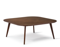 Square coffee table with rounded corners F2 in oak and ceramic dark brown stained wood with rust-effect ceramic top. 90x90x40 cm