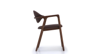 Chaise design avec accoudoirs en noyer bois teinte naturelle et tissu marron Chaise design avec accoudoirs en noyer bois teinte naturelle et tissu marron