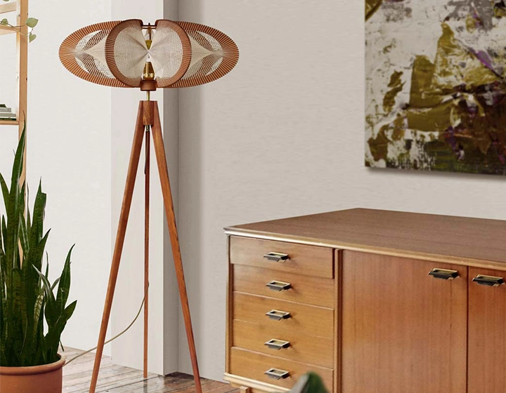 Oak and cotton thread tripod floor lamp, small twist weave model Oak and cotton thread tripod floor lamp, small twist weave model