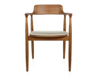 Chaise scandinave bois teinte merisier assise tissu chevron beige Chaise scandinave bois teinte merisier assise tissu chevron beige