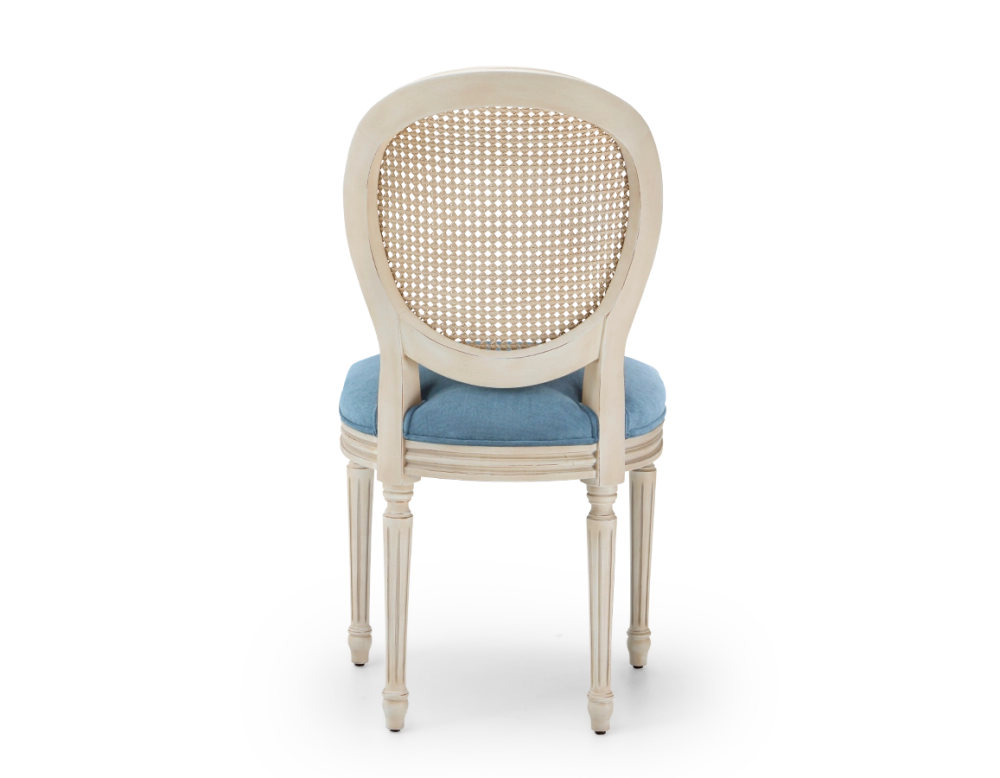 Louis XVI style antique chair wood with white cerused finish, caned backrest, and blue denim seat. Louis XVI style antique chair wood with white cerused finish, caned backrest, and blue denim seat.