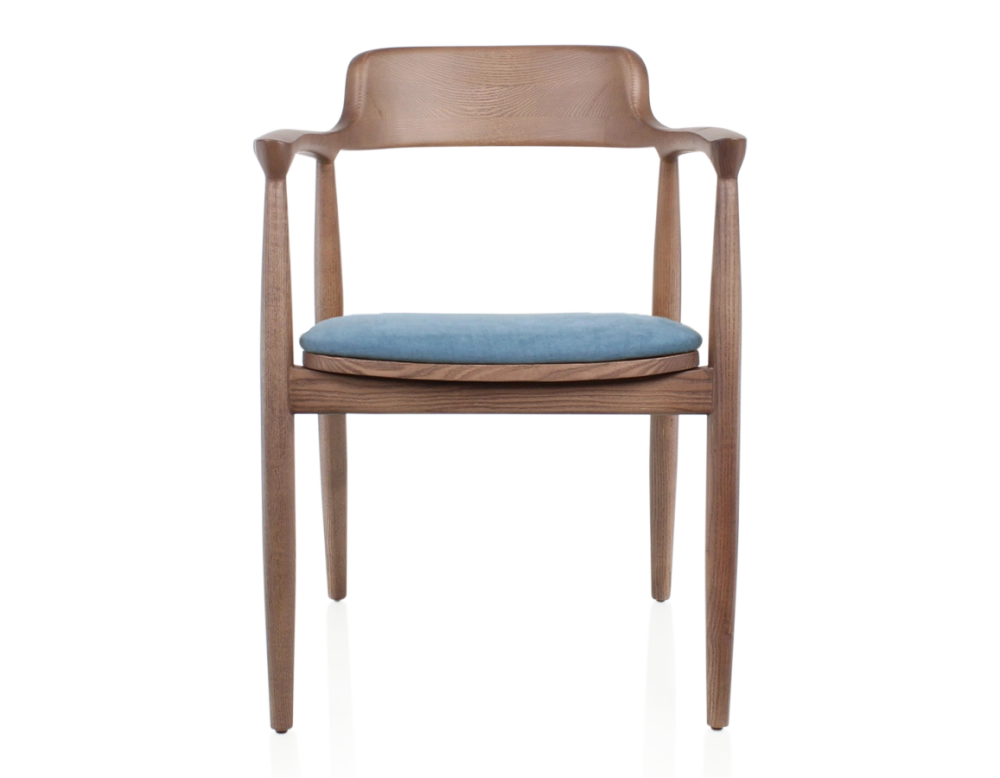 Chaise scandinave bois teinte noyer et tissu bleu jean Chaise scandinave bois teinte noyer et tissu bleu jean