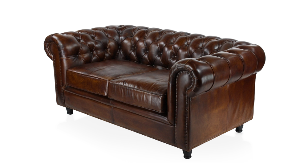 Canapé Chesterfield cuir 2 places marron soutenu accoudoirs cloutés