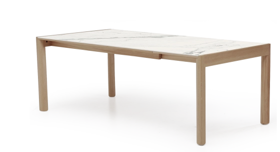 Extending table for 8 to 12 people in oak and ceramic with ceramic extensions natural wood finish and white marble-effect ceramic m1 180x100 cm