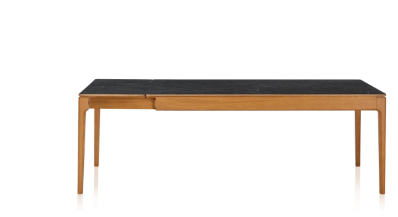 Table extensible 8 à 12 personnes en chêne et céramique allonges céramique avec bois teinte merisier et plateau et allonges céramique effet ardoise 160x100 cm