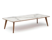 F7 rectangular coffee table in walnut and ceramic natural tint wood and white marble effect ceramic M3 160x60x40 cm