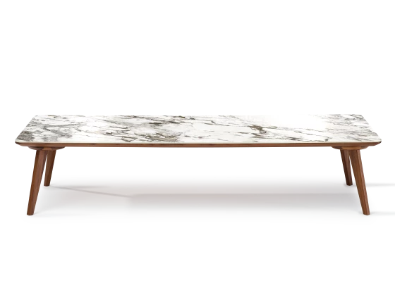 Table basse rectangulaire F7 en noyer et céramique bois teinte naturelle et céramique effet marbre blanc M3 100x60x30 cm