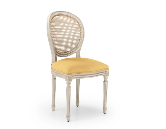 Chaise ancienne style Louis XVI bois teinte blanche cérusée dossier canné assise tissu jaune