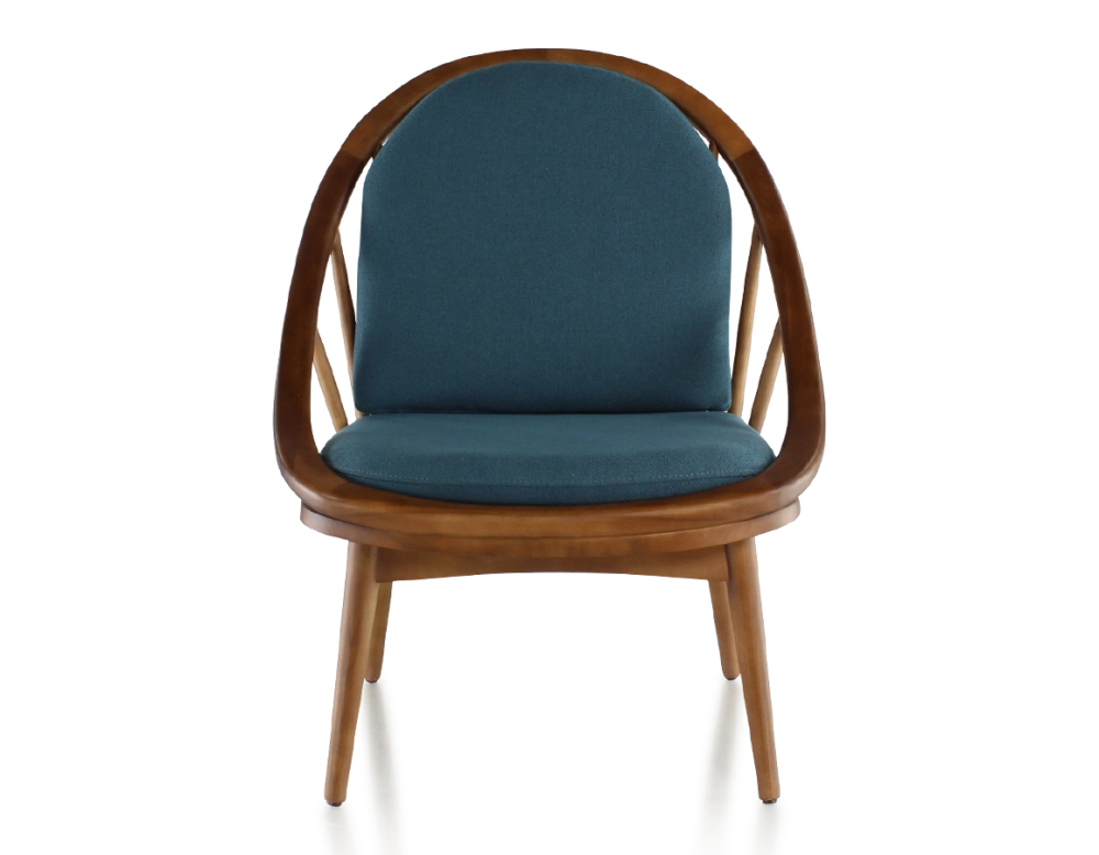 Fauteuil scandinave bois teinte merisier et tissu bleu océan Fauteuil scandinave bois teinte merisier et tissu bleu océan