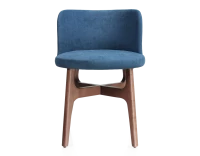 Chaise design bois teinte noyer assise tissu bleu jean