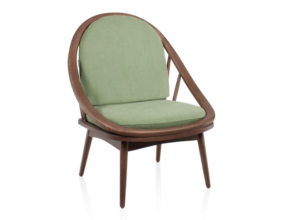 Fauteuil scandinave bois teinte noyer et tissu vert