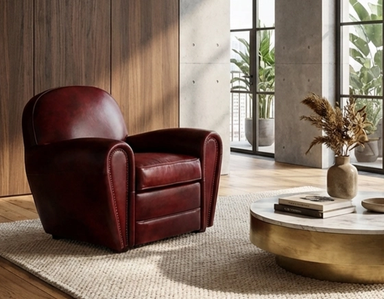 Fauteuil club cuir rouge carmin accoudoirs cloutés