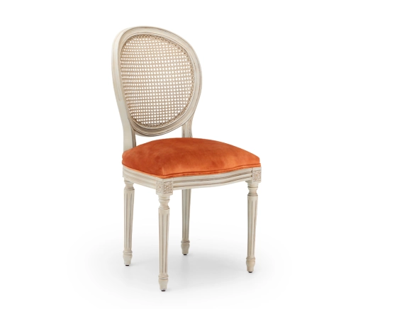 Chaise ancienne style Louis XVI bois teinte blanche cérusée dossier canné assise tissu velours terracotta