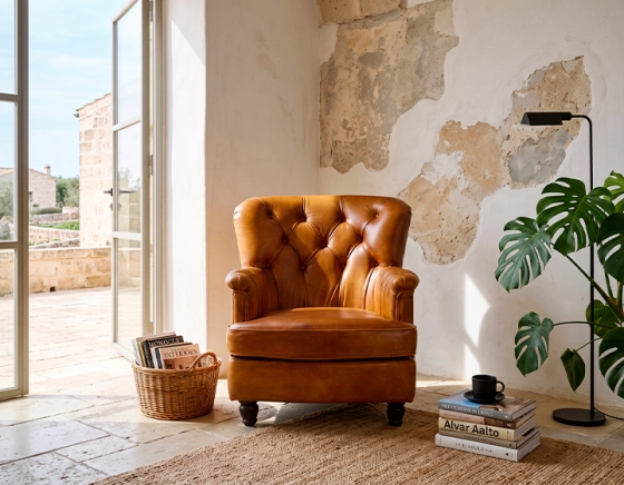 Chesterfield leather armchair cognac medium back