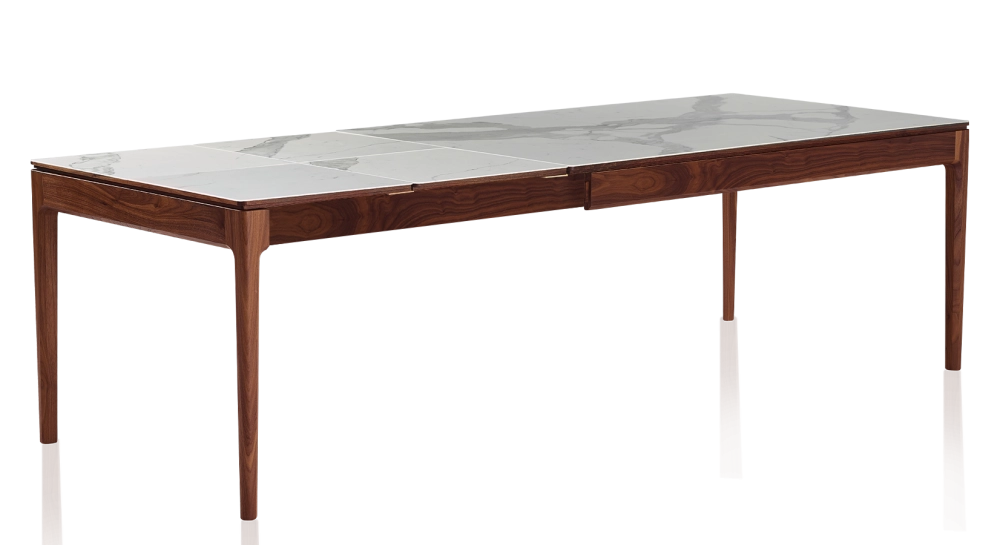 Table extensible 8 à 12 personnes en noyer et céramique allonges céramique avec bois teinte naturelle et plateau et allonges céramique effet marbre blanc 180x100 cm