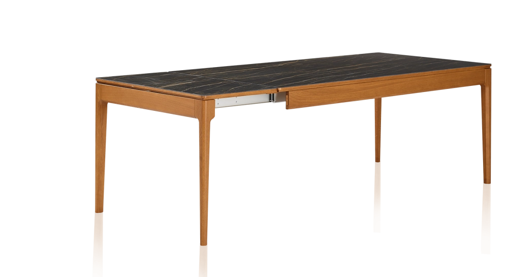 Table extensible 8 à 12 personnes en chêne et céramique allonges céramique avec bois teinte merisier et plateau et allonges céramique effet marbre noir 180x100 cm