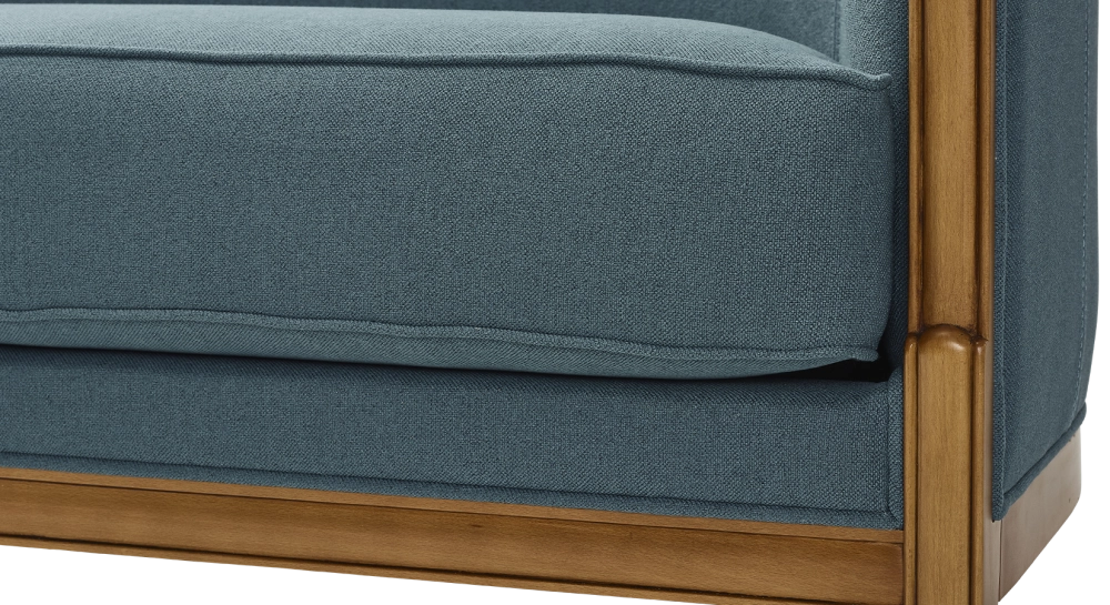 Canapé ancien 2 places accoudoirs moulurés bois teinte ancienne et tissu bleu océan