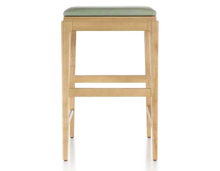 H60 cm designer bar stool natural tint wood, sage green leather seat H60 cm designer bar stool natural tint wood, sage green leather seat