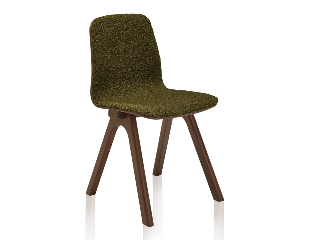 Chaise design en chêne tapissé bois teinte marron foncé assise tissu bouclé vert Chaise design en chêne tapissé bois teinte marron foncé assise tissu bouclé vert