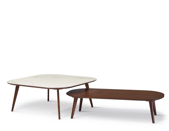 Duo de tables basses F2 et F6 plateau céramique et bois céramique effet marbre blanc M1 et bois teinte marron foncé