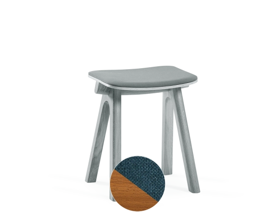 Upholstered oak stool H45 cm cherry-stained wood, ocean blue fabric seat