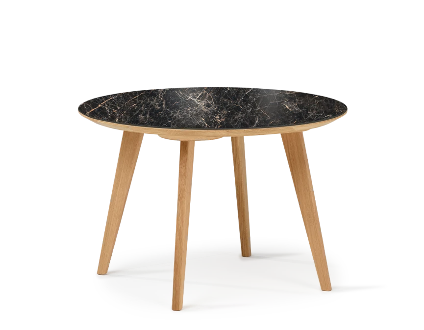 Table basse ronde F1 en chêne et céramique bois teinte naturelle plateau céramique effet marbre noir M2 60x60x30 cm
