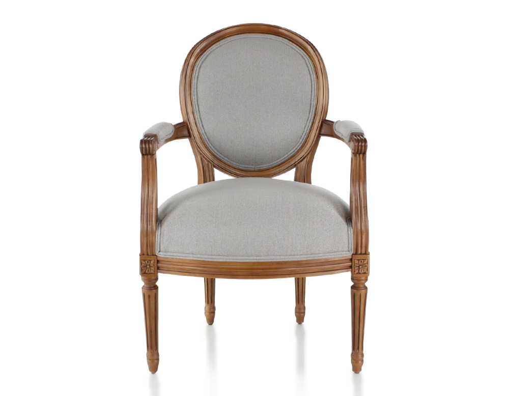 Fauteuil ancien style Louis XVI bois teinte ancienne et tissu gris clair Fauteuil ancien style Louis XVI bois teinte ancienne et tissu gris clair