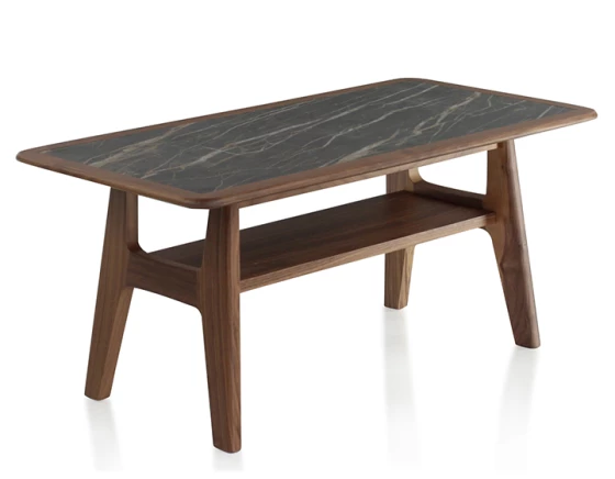 Table basse rectangulaire en chêne et céramique avec bois teinte marron foncé plateau céramique effet marbre noir 100x50 cm