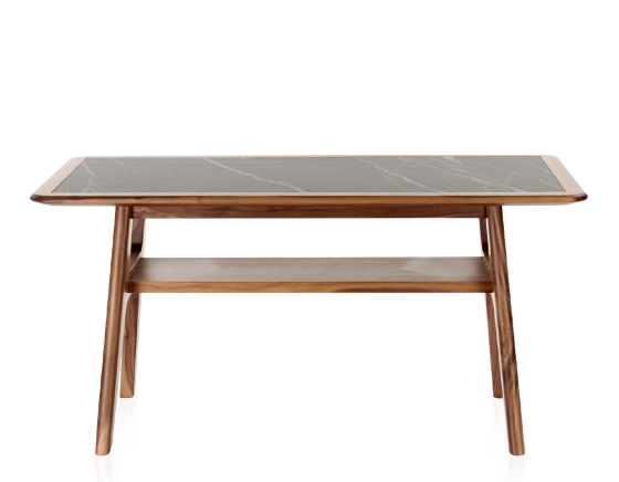 Table basse rectangulaire en noyer et céramique bois teinte naturelle plateau céramique effet marbre noir 100x50 cm