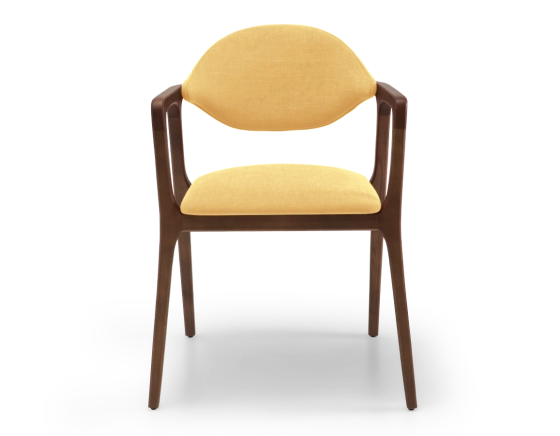 Designer armchair dark brown stained wood and yellow fabric