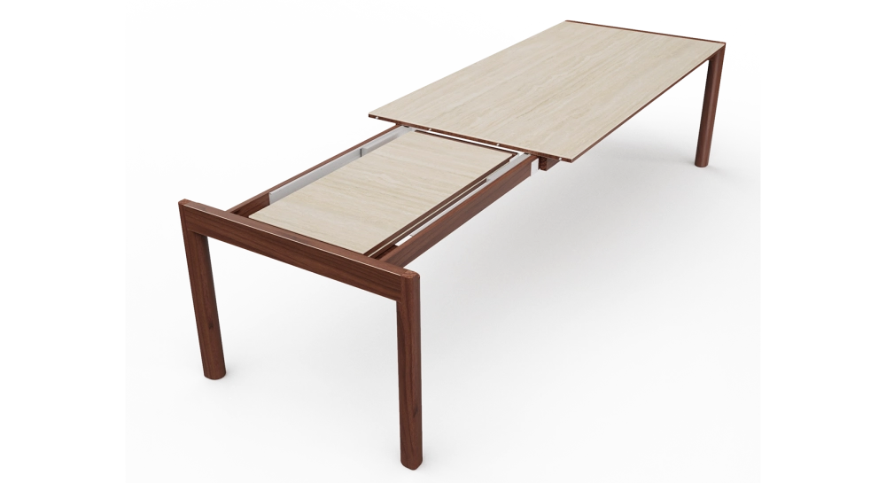 Extending table for 8 to 12 people in walnut and ceramic with ceramic extensions natural wood finish and ceramic travertine stone effect 160x100 cm Extending table for 8 to 12 people in walnut and ceramic with ceramic extensions natural wood finish and ceramic travertine stone effect 160x100 cm