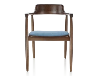 Chaise scandinave bois teinte marron foncé et tissu bleu jean