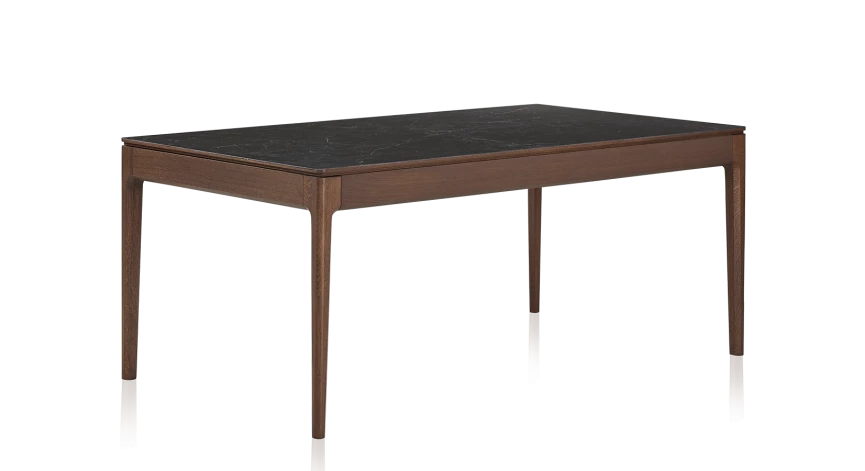 Table salle à manger en chêne et céramique avec bois teinte marron foncé et plateau céramique effet ardoise 140x90 cm