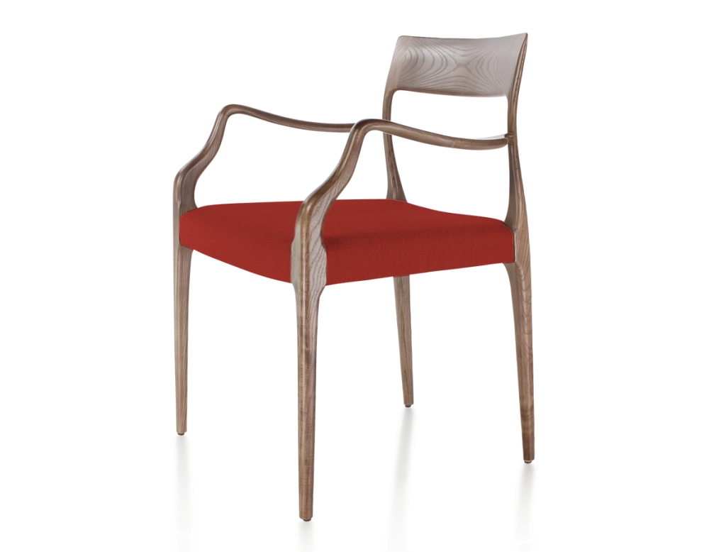 Chaise scandinave avec accoudoirs bois teinte marron foncé assise tissu bordeaux Chaise scandinave avec accoudoirs bois teinte marron foncé assise tissu bordeaux
