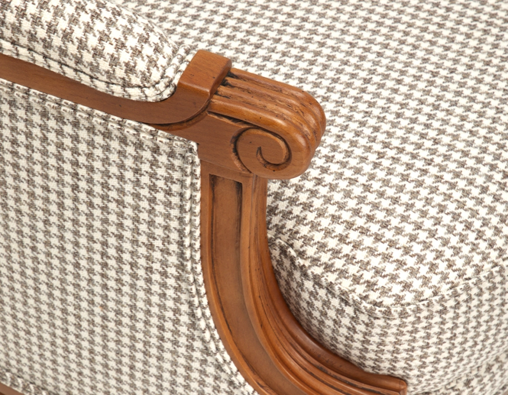 Louis XVI style bergère armchair wood antique stain and white and taupe houndstooth fabric Louis XVI style bergère armchair wood antique stain and white and taupe houndstooth fabric