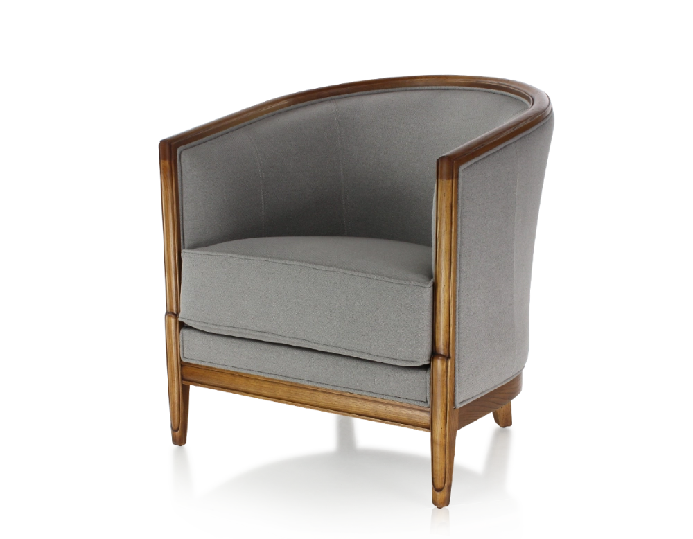 Fauteuil ancien accoudoirs moulurés bois teinte ancienne et tissu gris clair