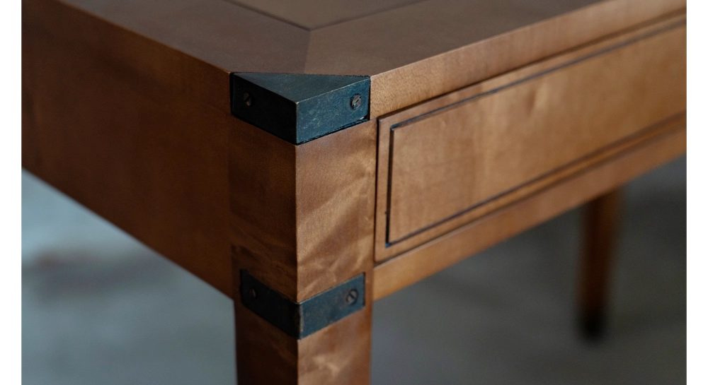 Navy desk in wood and leather bois teinte merisier plateau bois
