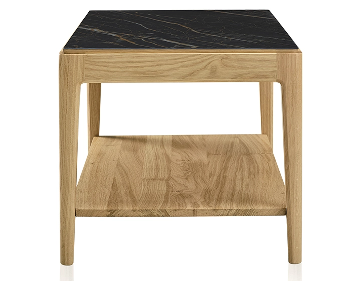 Rectangular coffee table in oak and ceramic with shelf in natural stained wood, black marble effect ceramic top 100x50 cm Rectangular coffee table in oak and ceramic with shelf in natural stained wood, black marble effect ceramic top 100x50 cm