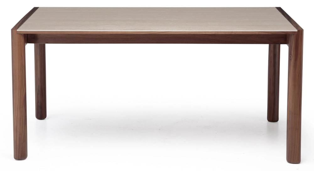 Extending table for 8 to 12 people in walnut and ceramic with ceramic extensions natural wood finish and ceramic travertine stone effect 160x100 cm Extending table for 8 to 12 people in walnut and ceramic with ceramic extensions natural wood finish and ceramic travertine stone effect 160x100 cm