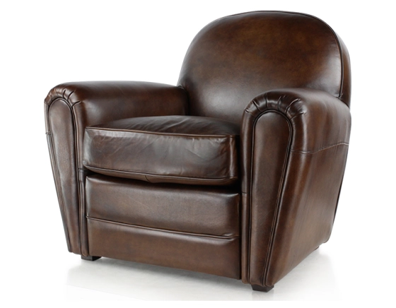 Fauteuil club cuir marron soutenu accoudoirs passepoil