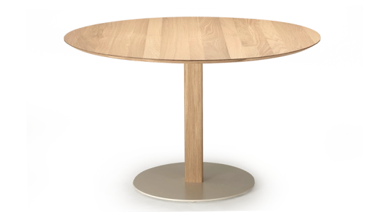 Round oak dining table for 6 people by Maison Saulaie natural finish wood top 120x120