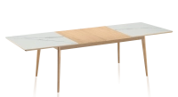 Table extensible 6 à 12 personnes en chêne et céramique allonges bois avec bois teinte naturelle et plateau céramique effet marbre blanc 140x100 cm Table extensible 6 à 12 personnes en chêne et céramique allonges bois avec bois teinte naturelle et plateau céramique effet marbre blanc 140x100 cm