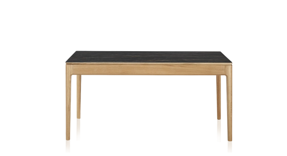 Oak and ceramic dining table for 6 people with natural stained wood and black marble effect ceramic top 180x90 cm