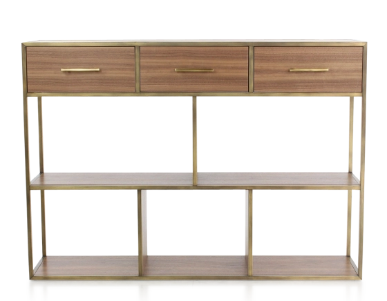 Console design natural tint walnut and brass patina metal