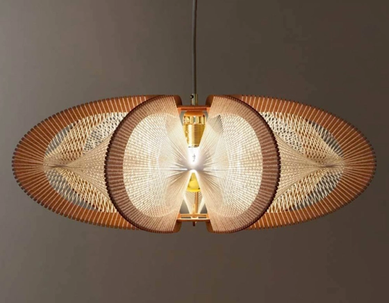 Large model woven cotton thread and wood hanging light