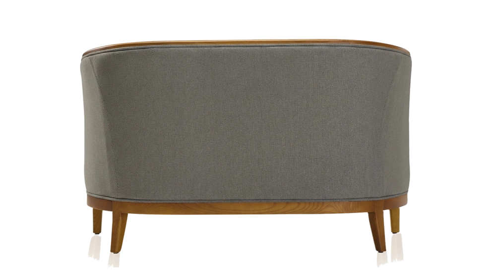 Canapé vintage 2 places bois teinte meriser et tissu gris clair