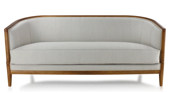 Canapé ancien 3 places bois teinte merisier et tissu beige naturel